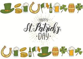 St Patrick's Day affisch med handritade ikoner. st. patrickhatt, hästsko, öl, fat, irländsk flagga, fyrklöver och guldmynt. meny, banner, reklam. bokstäver. gravyr vektor