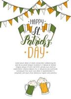 St. Patrick's Day Poster mit handgezeichneter handgemachter Schrift und Flaggengirlande. St. Patrick's Day 2020. Platz für Ihren Text. Gravurabbildungen vektor