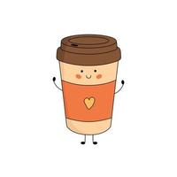 süß Papier Kaffee Tasse Charakter mit lächelnd Gesicht, Hände und Beine. lustig, glücklich Karikatur Maskottchen. Vektor eben Illustration