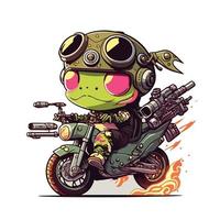 süß kawaii Frosch Reiten Motorrad mit Gewehr vektor