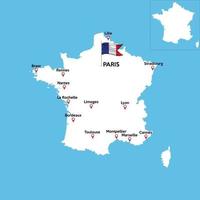 en detaljerad karta över Frankrike med index över större städer i landet. statens flagga. vektor