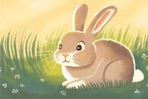 hopp in i roligt med detta förtjusande vektor kanin illustration. omgiven förbi frodig grönska, träd, och blomning blommor, perfekt för barns böcker, natur tema mönster, och springtime projekt