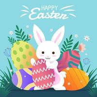 glückliches Ostern mit niedlichem Kaninchen, das Ei hält vektor