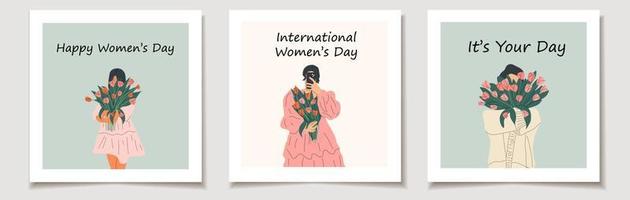 internationell kvinnors dag. en uppsättning av hälsning kort med kvinna är innehav en bukett av tulpaner. kvinnlighet, feminism, välstånd och själv kärlek begrepp. vektor