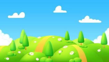 vår bakgrund. grön äng med kamomill blommor, träd. tecknad serie illustration av skön sommar dal landskap med blå himmel. barns spel område. 3d horisontell scen vibrerande grön kullar. vektor