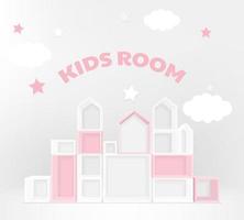 möbel, bokhylla för barn rum, PHOTOZONE- dekoration. 3d attrapp av tömma skåp med hyllor på de vägg. monter för leksaker. bygga interiör design möbel. barn leksak hus byggnad utrustning vektor