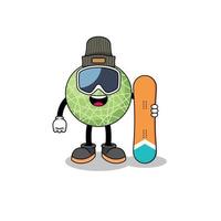 maskot tecknad serie av melon frukt snowboard spelare vektor