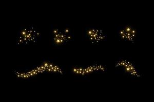 Satz Sternenwolke mit Staub. Der Staub besteht aus gelben Funken und goldene Sterne leuchten mit besonderem Licht. Vektor funkelt auf einem schwarzen Hintergrund. Weihnachtslichteffekt. funkelnde magische Staubpartikel