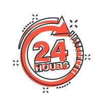 24-Stunden-Uhr-Schild-Symbol im Comic-Stil. vierundzwanzig Stunden offene Vektor-Cartoon-Illustration auf weißem, isoliertem Hintergrund. Zeitplan Geschäftskonzept Splash-Effekt. vektor