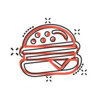 Burger-Schild-Symbol im Comic-Stil. Hamburger-Vektor-Cartoon-Illustration auf weißem, isoliertem Hintergrund. Cheeseburger-Geschäftskonzept-Splash-Effekt. vektor