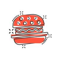 Burger-Schild-Symbol im Comic-Stil. Hamburger-Vektor-Cartoon-Illustration auf weißem, isoliertem Hintergrund. Cheeseburger-Geschäftskonzept-Splash-Effekt. vektor