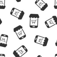 online Einkaufen Symbol nahtlos Muster Hintergrund. Smartphone Geschäft Vektor Illustration auf Weiß isoliert Hintergrund. Markt Geschäft Konzept.