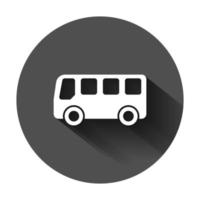 skola buss ikon i platt stil. autobus vektor illustration på svart runda bakgrund med lång skugga. tränare transport företag begrepp.