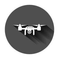 Drönare quadrocopter ikon i platt stil. quadcopter kamera vektor illustration på svart runda bakgrund med lång skugga. helikopter flyg företag begrepp.