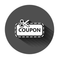 Rabatt Coupon Symbol im eben Stil. Schere mit Preis Etikett Vektor Illustration auf schwarz runden Hintergrund mit lange Schatten. Verkauf Aufkleber Geschäft Konzept.