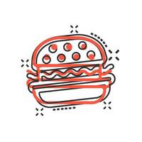 Burger-Schild-Symbol im Comic-Stil. Hamburger-Vektor-Cartoon-Illustration auf weißem, isoliertem Hintergrund. Cheeseburger-Geschäftskonzept-Splash-Effekt. vektor