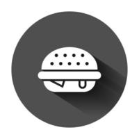 Burger Zeichen Symbol im eben Stil. Hamburger Vektor Illustration auf schwarz runden Hintergrund mit lange Schatten. Cheeseburger Geschäft Konzept.