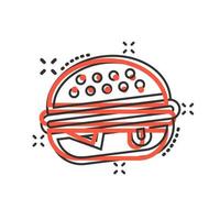 Burger-Schild-Symbol im Comic-Stil. Hamburger-Vektor-Cartoon-Illustration auf weißem, isoliertem Hintergrund. Cheeseburger-Geschäftskonzept-Splash-Effekt. vektor
