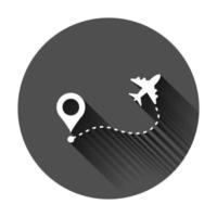 flygplan flyg rutt ikon i platt stil. resa linje väg vektor illustration på svart runda bakgrund med lång skugga. rusa linje spår företag begrepp.