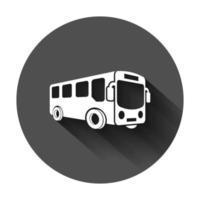 Schule Bus Symbol im eben Stil. Autobus Vektor Illustration auf schwarz runden Hintergrund mit lange Schatten. Trainer Transport Geschäft Konzept.
