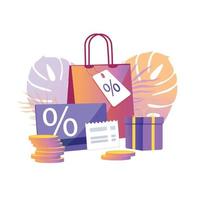 säsong- försäljning med rabatter, uppköp gåvor, besöker butiker, high-end handla, PR kuponger för pris minskning. vektor
