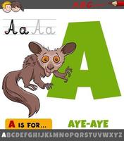 Buchstabe a aus Alphabet mit Cartoon-Aye-Aye-Tiercharakter vektor