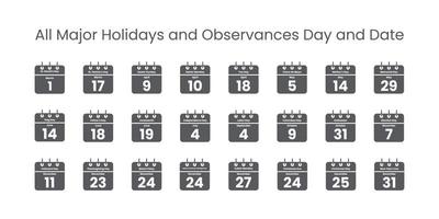 alle Haupt Ferien Datum und Tag Kalender Symbole Vektor