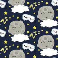ein Muster mit ein süß Mond und ein Stirnband zum Schlafen, Sterne, Wolken auf Blau. Kinder- Illustration. Drucken auf Papier und Textilien. Geschenk Verpackung, Hintergrund zum Postkarten, Banner, Stoff. vektor