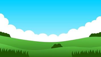 Landschaft Karikatur Szene. Grün Feld mit Busch auf Hügel und Sommer- klar Blau Himmel mit Weiß Wolke vektor