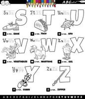 pedagogisk tecknad alfabet uppsättning från s till z färg bok sida vektor