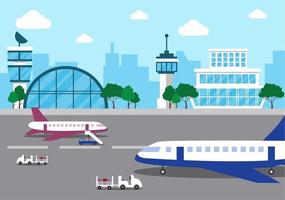 flygplatsterminalbyggnad med infografiska flygplan som startar vektor