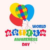 Welt Autismus Tag Bewusstsein Poster mit ein bunt Ballon gemacht von Puzzle Stücke fliegend Weg von das Reihe von rot Luftballons. Stehen aus von das Menge. Vektor Illustration.