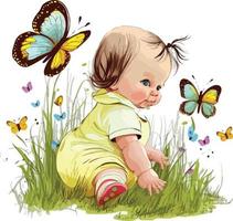 Karikatur Baby Mädchen abspielen mit Schmetterling im das Gras vektor