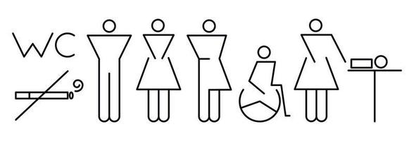 toalett linje ikon uppsättning på vit bakgrund. toalett wayfinding översikt tecken. kvinna, man, handikapp, transpersoner, Inaktiverad person och mor bebis rum piktogram symboler. linjär stil vektor illustration
