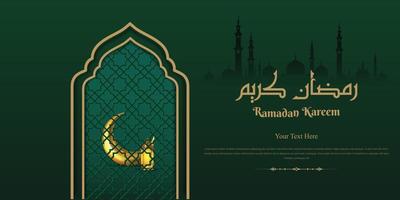 Ramadan kareem Gruß Karte Vektor mit Arabisch Fenster und Gold Mond auf Grün Hintergrund