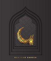 Ramadan kareem Gruß Karte mit 3d Papier Schnitt Arabisch Fenster Gold Halbmond Mond und islamisch Laterne vektor