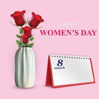 8 Mars Lycklig kvinnors dag vektor med röd reste sig blomma vas och tabell kalander vektor