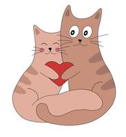 söt två katter i kärlek med en hjärta i deras tassar. romantisk valentines dag vektor illustration för hälsning kort eller affisch.