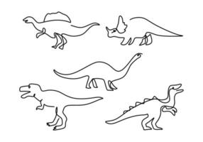 hand teckning ett enda kontinuerlig linje av fem dinosaurier vektor