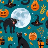 Halloween nahtlos Muster schwarz Katze, voll Mond, Hexe Hut, Geschenke, Süßigkeiten. auf ein Grün Hintergrund. hell Illustration im Karikatur Stil. zum Kindergarten, Hintergrund, Drucken auf Stoff, Verpackung, Hintergrund. vektor