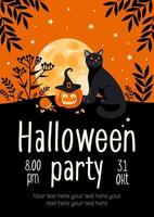 Halloween Party Flyer. hell Vektor Illustration. Kürbis Kürbislaterne, schwarz Katze, Hexe Hut, Lutscher, Mond. zum Werbung Banner, Poster, Flyer.