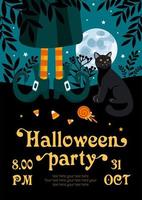 Halloween Party Flyer. hell Vektor Illustration. schwarz Katze, Hexe gestreift Strümpfe, Lutscher, Mond. zum Werbung Banner, Poster, Flyer.