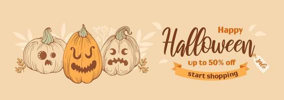 glücklich Halloween Verkauf. hell horizontal Banner im skizzenhaft Stil, Jahrgang erdig Töne. Jack Ö Laterne. Kürbis mit wütend und erschrocken Gesichter, Herbst Blätter. zum Werbung Banner, Poster, Flyer vektor