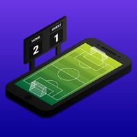 Isometrisches Fußball-on-line-Konzept mit Fußballplatz und Indikator-Brett auf Smartphone vektor