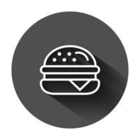 Burger Zeichen Symbol im eben Stil. Hamburger Vektor Illustration auf schwarz runden Hintergrund mit lange Schatten. Cheeseburger Geschäft Konzept.