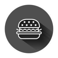 Burger Zeichen Symbol im eben Stil. Hamburger Vektor Illustration auf schwarz runden Hintergrund mit lange Schatten. Cheeseburger Geschäft Konzept.