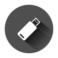 uSB kör ikon i platt stil. blixt disk vektor illustration på svart runda bakgrund med lång skugga. digital minne företag begrepp.