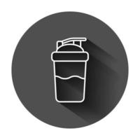 Shaker Symbol im eben Stil. Sport Flasche Vektor Illustration auf schwarz runden Hintergrund mit lange Schatten. Fitness Container Geschäft Konzept.