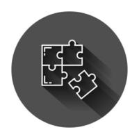 Puzzle kompatibel Symbol im eben Stil. Puzzle Zustimmung Vektor Illustration auf schwarz runden Hintergrund mit lange Schatten. Zusammenarbeit Lösung Geschäft Konzept.