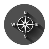 global Navigation Symbol im eben Stil. Kompass Geographisches Positionierungs System Vektor Illustration auf schwarz runden Hintergrund mit lange Schatten. Ort Entdeckung Geschäft Konzept.